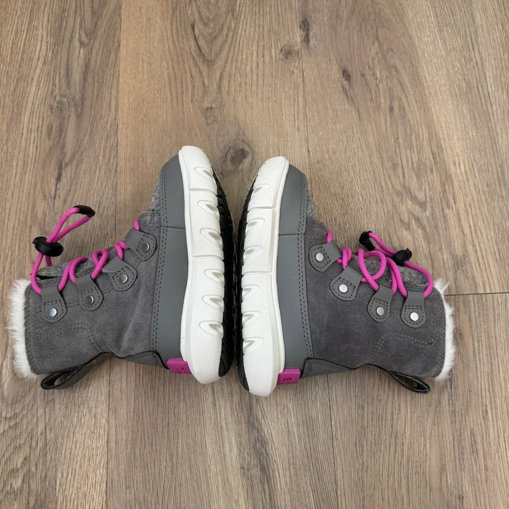 Sorel Explorer Youth Lace Boots Waterproof Gray Pink Fur Trim Size‎ 8 Girls EUC